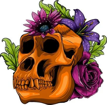 Vector illustration of monkey skull with flower Stock Illustration