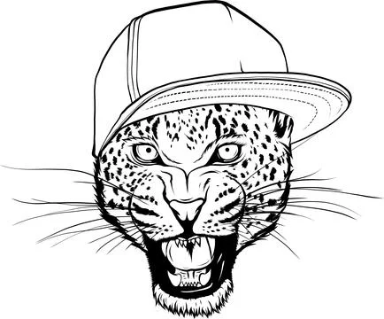 Vector illustration of monochrome leopard head with hat Stock Illustration