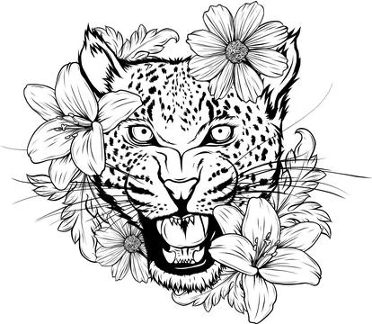 Vector illustration of Monochrome leopard head with flower Stock Illustration