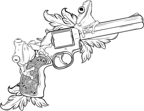 Vector illustration of Monochrome Revolver with frog and flowers Stock Illustration