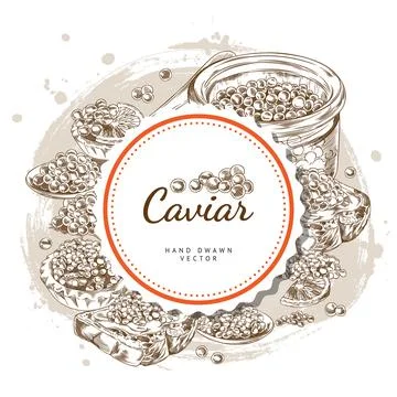 Vector illustration of monochrome round frame with caviar in jar, on spoon, i Illustrazione stock