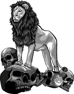 Vector illustration of Monochrome skulls under Lion Stock Illustration
