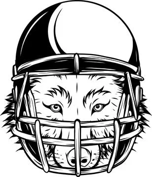 Vector illustration of monochrome wolf head with helmet Stock Illustration