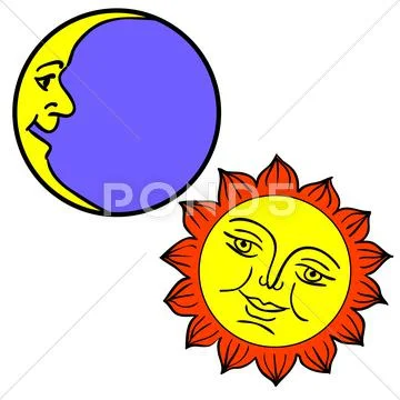Vector illustration of moon and sun with faces Stock Illustration