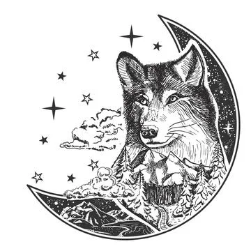 Vector illustration with moon and wolf in boho style Stock Illustration