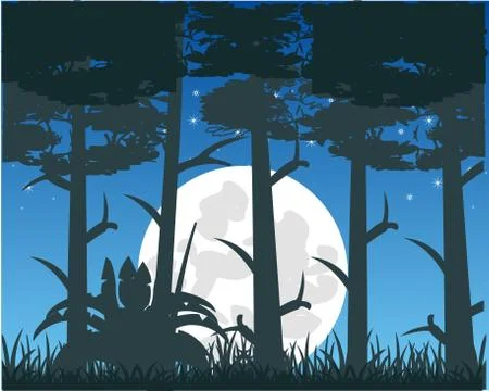 Vector illustration to moon night in dark wood Stock Illustration
