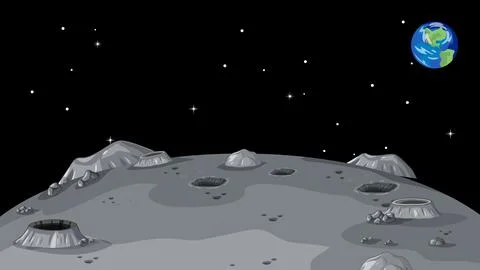 Vector Illustration of Moon Surface with Craters and Earth in Space Stock Illustration