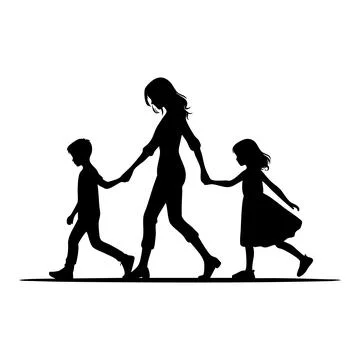 Vector illustration of a mother walking hand in hand with her children 스톡 일러스트