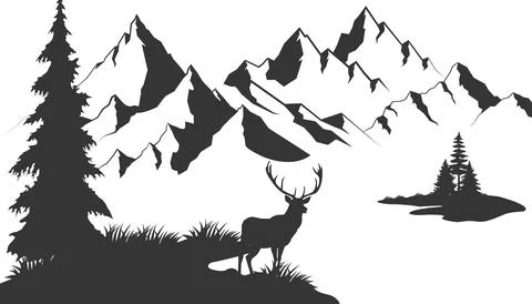 Vector illustration of mountain landscape with forest and deer Stock Illustration