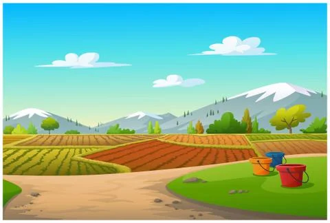 Vector illustration mountains, trees, cornfield, Stock Illustration