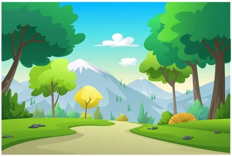 Vector illustration mountains, trees, cornfield, Stock Illustration