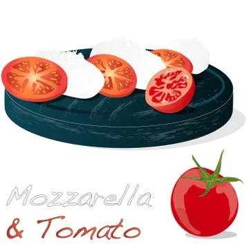 Vector illustration of mozzarella, cherry tomatoes - ingredients for caprese  Stock Illustration