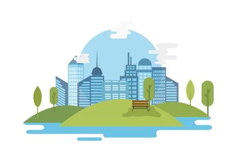 Vector illustration of multi-storey buildings with park and lake Ilustración de archivo