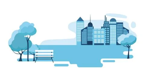 Vector illustration of multi-storey buildings with park and bench Ilustración de archivo