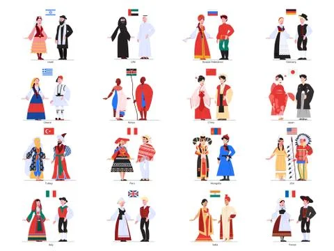 Vector illustration of multiculture people standing in their national costumes. Stock Illustration