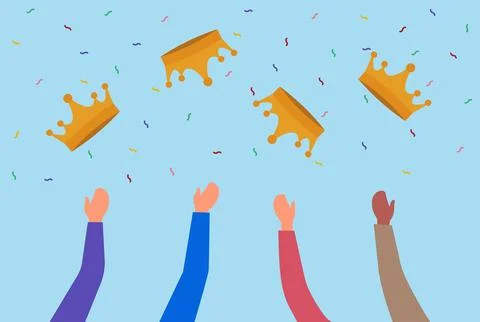 Vector illustration of multiple hands throwing a crown into the air Stock Illustration