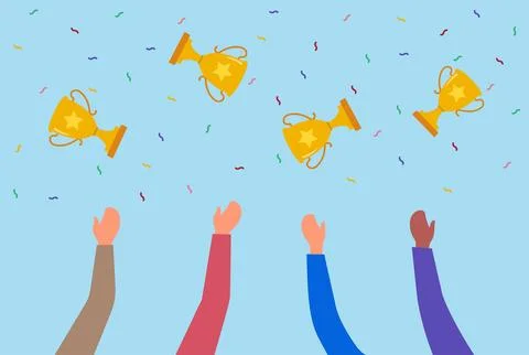 Vector illustration of multiple hands throwing a golden trophy into the air Stock Illustration