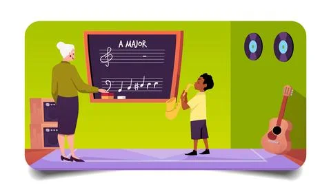Vector illustration of music classroom interior, with teacher and student. Ilustración de archivo