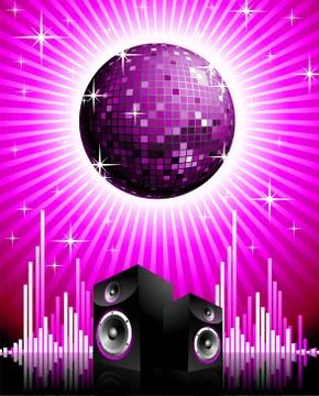 Vector illustration for musical theme with speakers and disco ball. Illustrazione stock