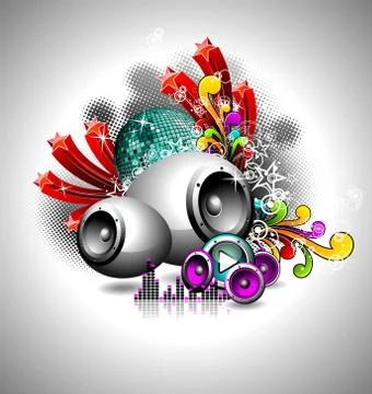 Vector illustration for a musical theme with speakers and disco ball Illustrazione stock