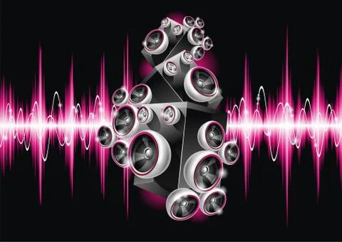 Vector illustration on a musical theme with speakers on abstract wave backgro Stock Illustration