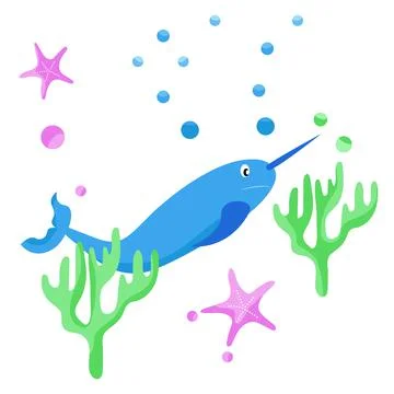 Vector illustration of narwhal, corals and starfish. Stock Illustration