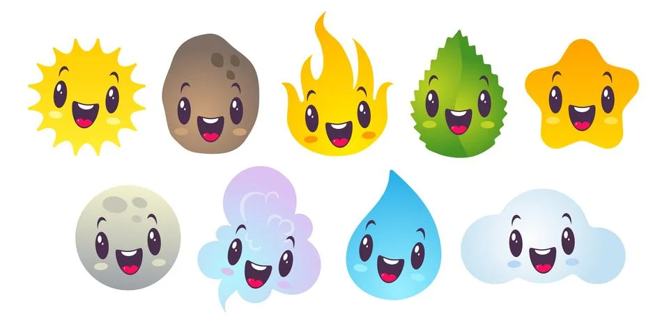Vector illustration of nature elements in kawaii style. Vector set icons of.. Иллюстрация
