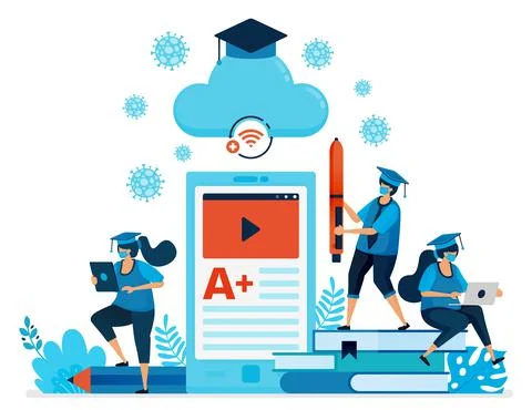 Vector illustration of new normal education and learning with mobile apps and Stock Illustration