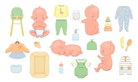 Vector illustration newborn set. Babies in different poses infant clothes Stock Illustration