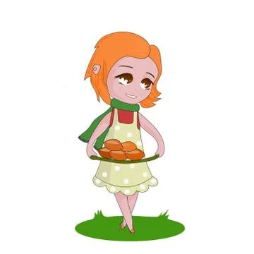 Vector illustration with a nice girl, which presents a dish of pies. Stock Illustration