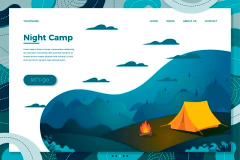Vector illustration - night summer camp, forests, trees and hills Stock Illustration