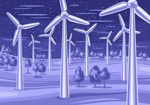 Vector illustration of Night Wind Power Farm Ilustração Stock