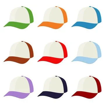 Vector illustration of nine baseball caps in different color variations Stock Illustration