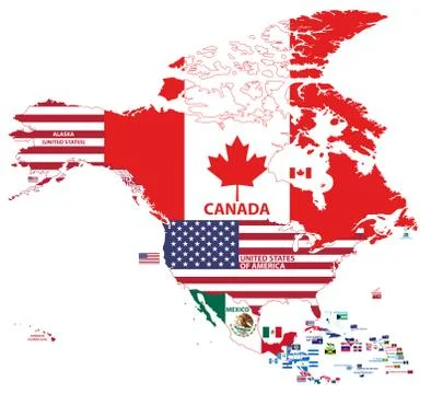 Vector illustration of North America map with country names and flags Stock Illustration