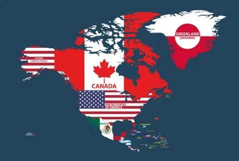 Vector illustration of North America map with country names and flags Stock Illustration