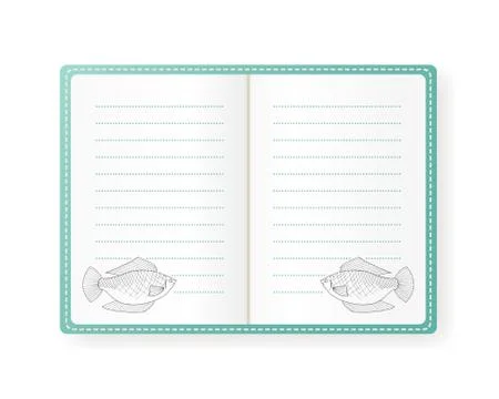 Vector illustration of notebook with fish. Empty lined paper. The blue cover. Stock Illustration
