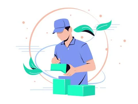 Vector illustration of noted delivery list. Man checks and notes items ready  Stock Illustration