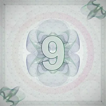 Vector illustration of number 9 (nine) in guilloche ornate style. monetary Illustrazione stock