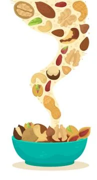 Vector illustration of nuts falling into a deep dish. Illustrazione stock