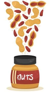 Vector illustration of nuts falling into a jars of nut paste. Stock Illustration