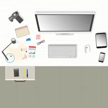 Vector illustration. Office desk workspace top view with PC computer. Illustrazione stock