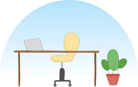 Vector illustration office space. Flowerpot, office chair, desk and laptop. H 스톡 일러스트