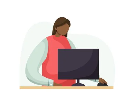 Vector illustration of an office worker sitting at a computer. Profession. Fl Stock Illustration
