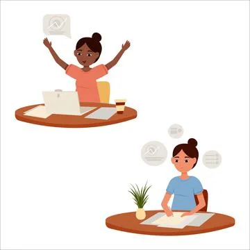 Vector illustration of an office worker in various emotional states. Joy, s.. Stock Illustration