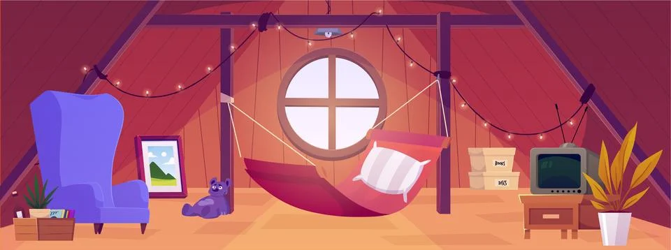 Vector illustration of an old attic with a round window and furniture. 스톡 일러스트