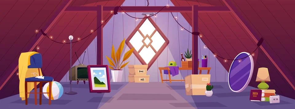 Vector illustration of an old attic with worn, antique furniture and objects. Stock Illustration