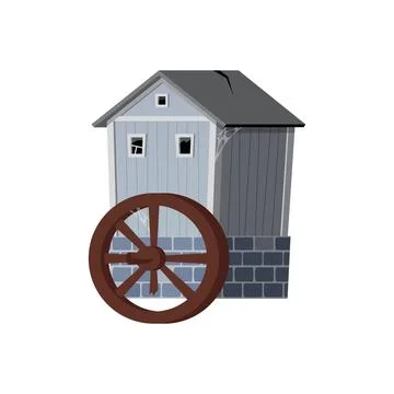 Vector illustration of old cracked water mill with broken windows and cobwebs Ilustración de archivo