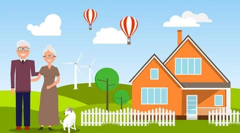 Vector illustration old man and his wife standing near her house. House Ilustración de archivo