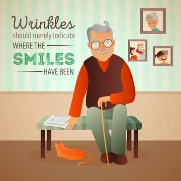 Vector illustration of an old man sitting in the room on the sofa with his ca Stock Illustration