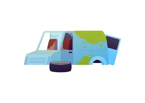 Vector illustration of an old, rusty, wheelless car with broken windows and.. Stock Illustration